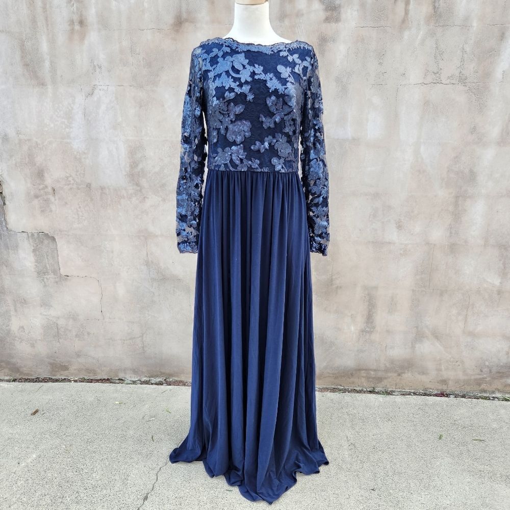 Vera Wang blue lace modest evening gown